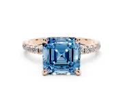 Fancy Blue Asscher Cut Diamond Brilliant Solitaire Ring Set in Rose gold with Pavé Band and Prong Setting