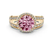 Round Halo Engagement Ring Setting for a Fancy Pink Lab-Grown Diamond | Split Shank | Yellow Gold