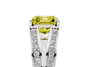 Fancy Yellow Asscher Cut Diamond Split Shank Ring Set in White gold with Pavé Band and Prong Setting