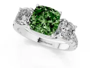 Fancy Green Cushion Cut Diamond Three-Stone Ring Set in Silver with Pavé Band