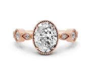 Oval Cut Diamond Vintage-Inspired Milgrain Ring Set in Rose gold with Marquise Stations of Round Accents