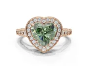 Fancy Green Heart-Shaped Lab-Grown Diamond Milgrain Halo Solitaire Ring Set in Rose Gold with Bezel Set Side Stones and Pavé Band