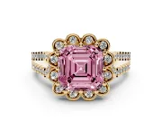 Asscher Cut Floral Halo Engagement Ring Setting for a Fancy Pink Lab-Grown Diamond | Pavé Split Shank | Yellow Gold