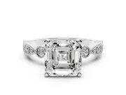 Asscher Cut Vintage Milgrain Solitaire Engagement Ring Setting | Bezel Accents | White Gold
