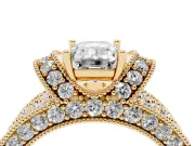 Emerald Cut Vintage Milgrain Pave Engagement Ring Setting | Crescent Side Rows | Yellow Gold