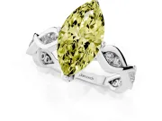 Fancy Yellow Marquise Cut Diamond Twist Band Solitaire Ring Set in Platinum with Leaf Prong Setting and Accent Stones