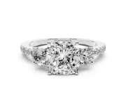 Cushion Cut Three Stone Engagement Ring Setting | Pave Shoulders | Sterling Silver