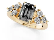 Fancy Black Emerald Cut Diamond Solitaire Ring Set in Yellow gold with Cluster Accents on Each Side