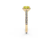 Fancy Yellow Cushion Cut Diamond Halo Engagement Ring Set in Yellow gold with Pavé Band and Prong Setting