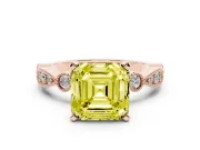 Fancy Yellow Asscher Cut Diamond Solitaire Engagement Ring Set in Rose gold with Milgrain Bezel Accent Band
