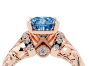 Fancy Blue Cushion Cut Diamond Filigree Halo Engagement Ring Set in Rose gold with Prong Setting