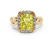 Fancy Yellow Radiant Cut Diamond Halo Ring Set in Yellow gold with Scrollwork Band and Prong Setting