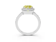 Fancy Yellow Heart Cut Diamond Halo Engagement Ring Set in White gold with Milgrain Detail and Pavé Band