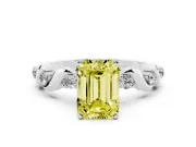 Fancy Yellow Emerald Cut Diamond Solitaire Ring Set in Platinum with Ribbon Twist Band, Round Accents and Prong Setting