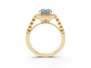 Fancy Blue Oval Cut Diamond Milgrain Halo Solitaire Ring Set in Yellow gold with Bezel Set Side Stones and Pavé Band