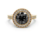 Fancy Black Round Cut Diamond Halo Engagement Ring Set in Yellow gold with Pavé Band and Round Halo Stones