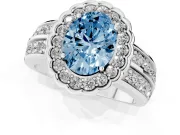 Fancy Blue Oval Cut Diamond Scalloped Halo Ring Set in White gold with Pavé Split Shank