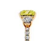 Cushion Cut Three Stone Engagement Ring Setting for a Fancy Yellow Lab-Grown Diamond | Pave Shoulders | Yellow Gold