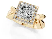 Princess Cut Floral Halo Engagement Ring Setting | Leaf Shoulders | Yellow Gold