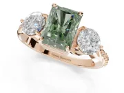 Radiant Cut Three Stone Engagement Ring Setting for a Fancy Green Lab-Grown Diamond | Tapered Pave Band | Rose Gold