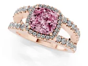 Fancy Pink Cushion Cut Diamond Halo Ring Set in Rose gold with Pavé Split Shank and Prong Setting