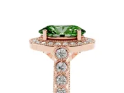 Fancy Green Oval Cut Diamond Milgrain Halo Solitaire Ring Set in Rose gold with Bezel Set Side Stones and Pavé Band