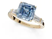 Asscher Cut Tapered Baguette Engagement Ring Setting for a Fancy Blue Lab-Grown Diamond | Bar Set Sides | Yellow Gold