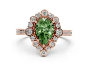 Fancy Green Pear Cut Diamond Halo Milgrain Pavé Ring Set in Rose gold with Prong Setting