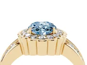 Fancy Blue Oval Cut Diamond Scalloped Halo Ring Set in Yellow gold with Pavé Split Shank