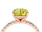 Fancy Yellow Round Cut Diamond Brilliant Solitaire Ring Set in Rose gold with Pavé Band and Prong Setting