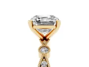 Asscher Cut Diamond Solitaire Engagement Ring Set in Yellow gold with Milgrain Bezel Accent Band