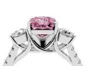 Fancy Pink Three-Stone Radiant Cut Diamond Pavé Band Ring Set in White gold with Prong-Set Trio