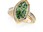 Fancy Green Marquise Cut Diamond Halo Pavé Split Shank Ring Set in Yellow gold with Prong Setting