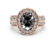 Oval Scalloped Halo Engagement Ring Setting for a Black Center | Double Row Band | Rose Gold