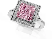 Fancy Pink Princess Cut Diamond Halo Engagement Ring Set in White gold with Milgrain Pavé Band