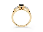 Fancy Black Three-Stone Emerald Cut Diamond Ring Set in Yellow gold with Pear Side Stones and Prong Setting