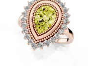 Fancy Yellow Pear Cut Diamond Halo Ring Set in Rose gold with Milgrain Edge and Round Prong Setting
