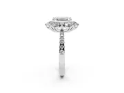 Emerald Cut Diamond Floral Halo Ring Set in Platinum with Round Pavé Band and Prong Setting