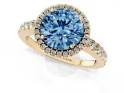 Round Halo Engagement Ring Setting for a Fancy Blue Lab-Grown Diamond | Half Pave Band | Yellow Gold