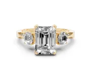 Emerald Cut Hidden Halo Three Stone Engagement Ring Setting for a Fancy Pink Lab-Grown Diamond | Yellow Gold
