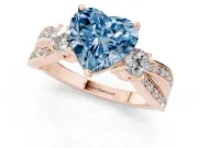 Fancy Blue Three-Stone Heart Cut Diamond Twist Band Ring Set in Rose gold with Pavé Accents and Prong Setting
