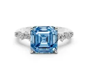 Fancy Blue Asscher Cut Diamond Solitaire Vine Band Ring Set in Platinum with Round Accents and Prong Setting
