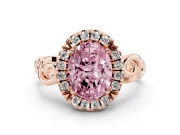 Fancy Pink Oval Cut Diamond Halo Ring Set in Rose gold with Scrollwork Band and Prong Setting