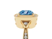 Fancy Blue Cushion Cut Diamond Halo Engagement Ring Set in Yellow gold with Milgrain Pavé Band