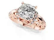 Cushion Cut Diamond Filigree Halo Engagement Ring Set in Rose gold with Prong Setting