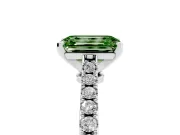 Fancy Green Emerald Cut Diamond Solitaire Engagement Ring Set in Platinum with Delicate Pavé Band and Prong Setting