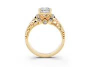 Cushion Cut Diamond Filigree Halo Engagement Ring Set in Yellow gold with Prong Setting
