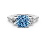 Cushion Cut Three Stone Engagement Ring Setting for a Fancy Blue Lab-Grown Diamond | Pave Shoulders | Platinum