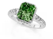 Fancy Green Radiant Cut Diamond Halo Engagement Ring Set in White gold with Pavé Band and Prong Setting