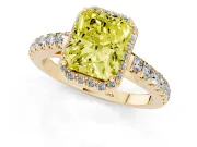 Fancy Yellow Radiant Cut Diamond Halo Engagement Ring Set in Yellow gold with Pavé Band and Prong Setting